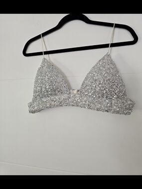 STEPS New York Silver Sequin Bralette Crop Top - Size M